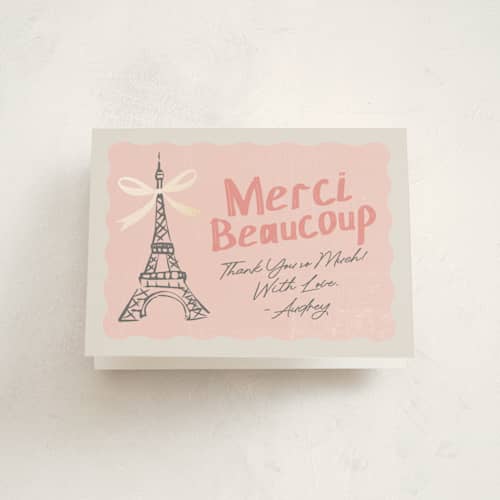 This is a petal baby shower thank you cards with foil pressed by Karidy Walker called paris postcard printing on strathmore in standard