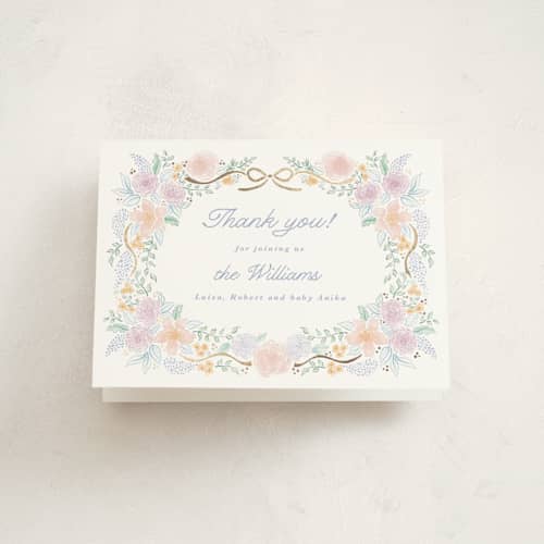 This is a lilac baby shower thank you cards with foil pressed by Tamara Hilje called garden magic printing on strathmore in standard