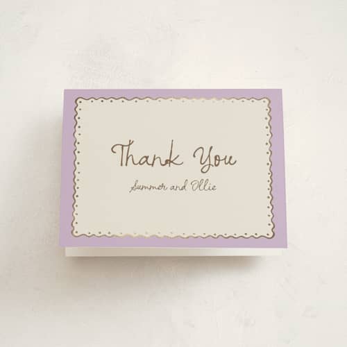 This is a lavender baby shower thank you cards with foil pressed by Pati Cascino called sugar printing on strathmore in standard