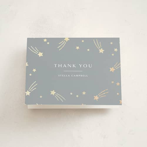 This is a slate baby shower thank you cards with foil pressed by Meggy Masters called little star printing on strathmore in standard