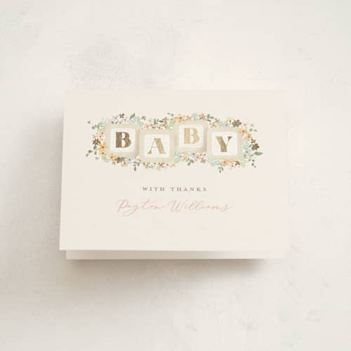This is a honey baby shower thank you cards with foil pressed by Jennifer Wick called petite baby blocks printing on strathmore in standard