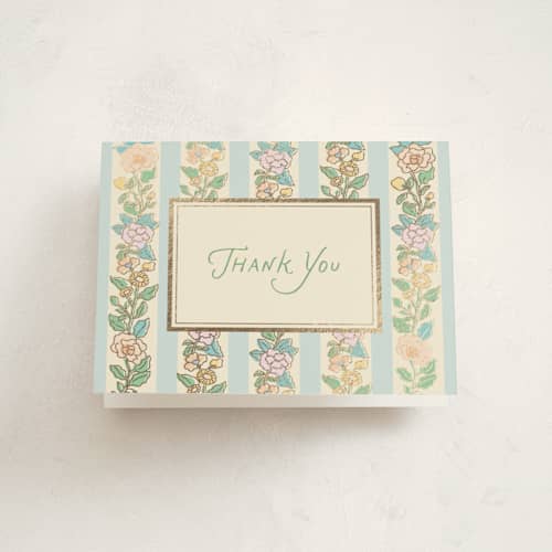 This is a sky baby shower thank you cards with foil pressed by Creo Study called vintage blossom printing on strathmore in standard