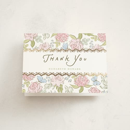 This is a peony baby shower thank you cards with foil pressed by Holton Art and Design called floral & lace baby shower printing on strathmore in standard