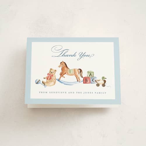 This is a sky baby shower thank you cards with foil pressed by Sarah Knight called classical printing on strathmore in standard