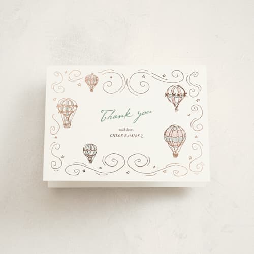 This is a coral breeze baby shower thank you cards with foil pressed by Cass Loh called vintage balloon sketch printing on strathmore in standard