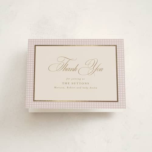 This is a lilac baby shower thank you cards with foil pressed by Tamara Hilje called eleganza printing on strathmore in standard