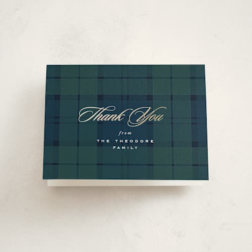This is a tartan baby shower thank you cards with foil pressed by Lea Delaveris called prep printing on strathmore in standard