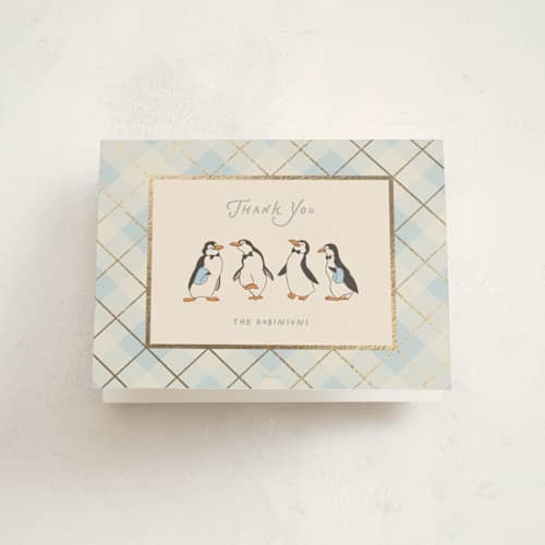 This is a ice baby shower thank you cards with foil pressed by Creo Study called disney’s mary poppins jolly penguins printing on strathmore in standard