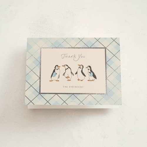This is a ice baby shower thank you cards with foil pressed by Creo Study called disney’s mary poppins jolly penguins printing on strathmore in standard