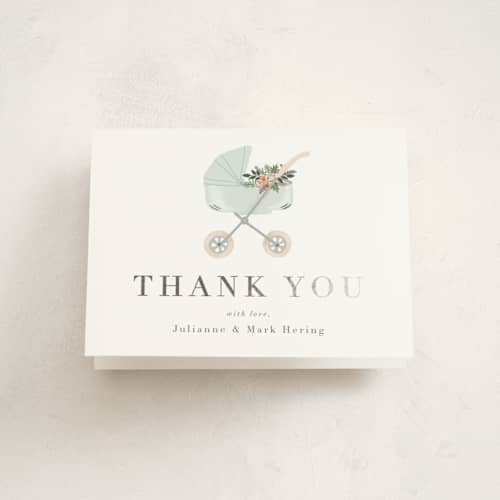 This is a mint baby shower thank you cards with foil pressed by Juliana Zimmermann called love and flowers printing on strathmore in standard