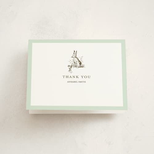 This is a mint baby shower thank you cards with standard by Megan Davis called classic bunny printing on strathmore in standard
