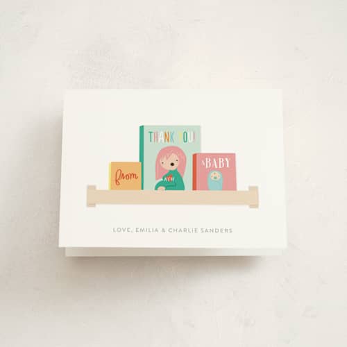 This is a brights baby shower thank you cards with standard by Itsy Belle Studio called modern book shelf printing on strathmore in standard