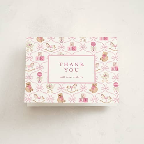 This is a sakura baby shower thank you cards with standard by Sarah Knight called tied with a bow printing on strathmore in standard