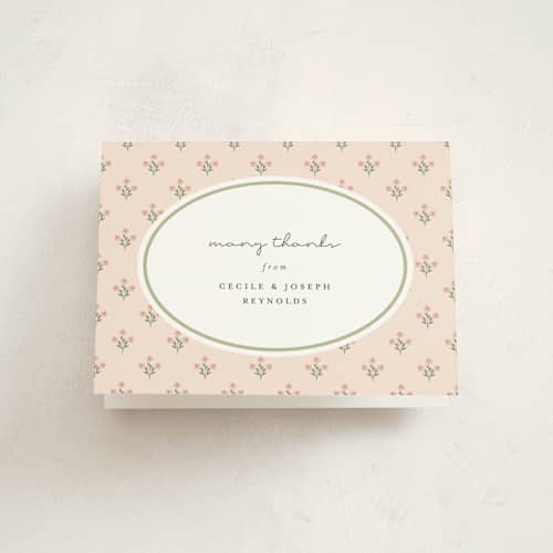 This is a peach baby shower thank you cards with standard by Sara Hicks Malone called petite fleur printing on strathmore in standard