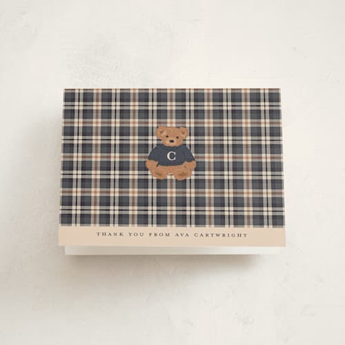 This is a navy baby shower thank you cards with standard by Erin German called teddy bear monogram printing on strathmore in standard