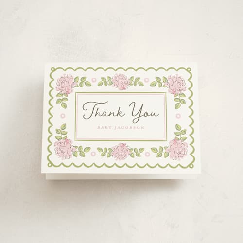 This is a rose baby shower thank you cards with standard by Holton Art and Design called garden rose doily printing on strathmore in standard
