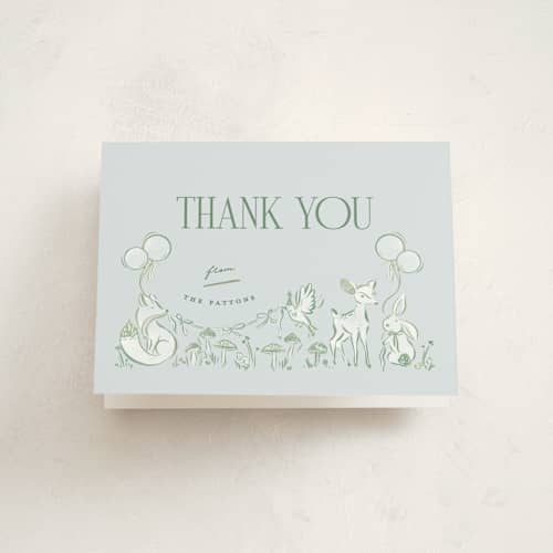 This is a bluebird baby shower thank you cards with standard by Julie Murray called woodland party printing on strathmore in standard