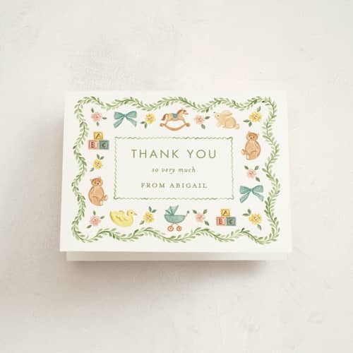 This is a leaf baby shower thank you cards with standard by Sarah Knight called wave printing on strathmore in standard