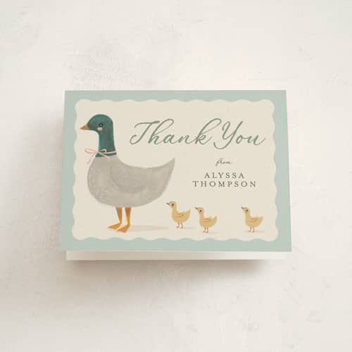 This is a pond baby shower thank you cards with standard by Karidy Walker called vintage ducklings printing on strathmore in standard
