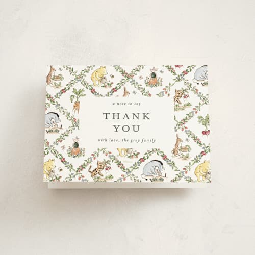 This is a garden baby shower thank you cards with standard by Sarah Knight called disney rabbit's garden printing on strathmore in standard