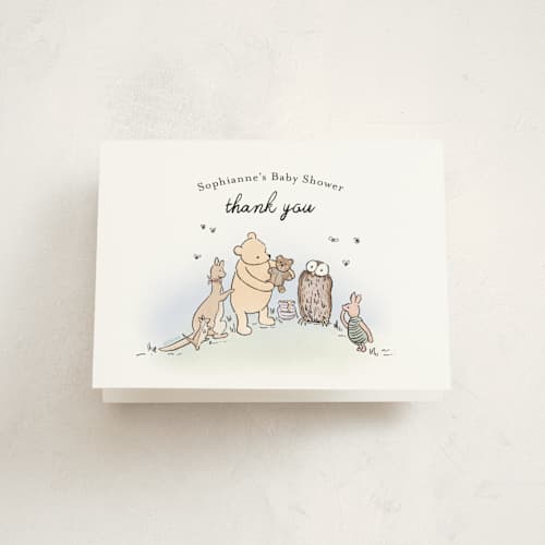 This is a powder baby shower thank you cards with standard by Becky Nimoy called disney's winnie the pooh mom to bee printing on strathmore in standard