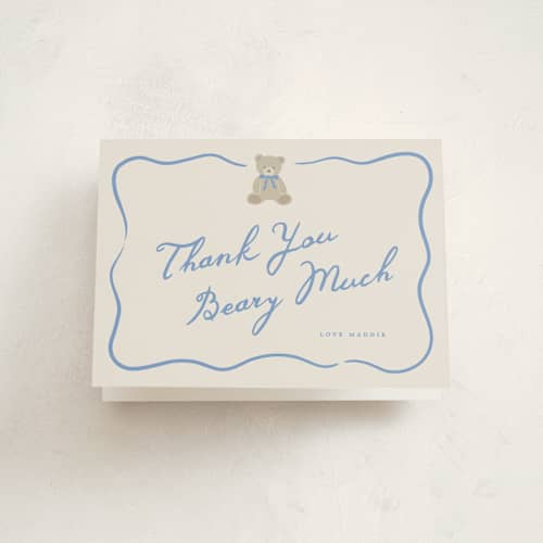 This is a waterfall baby shower thank you cards with standard by Kelly Watkins called so beary cute printing on strathmore in standard