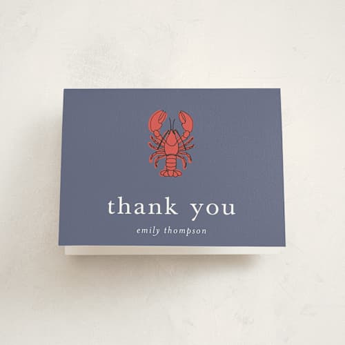 This is a denim baby shower thank you cards with standard by Wendy Taylor called my lobster printing on strathmore in standard