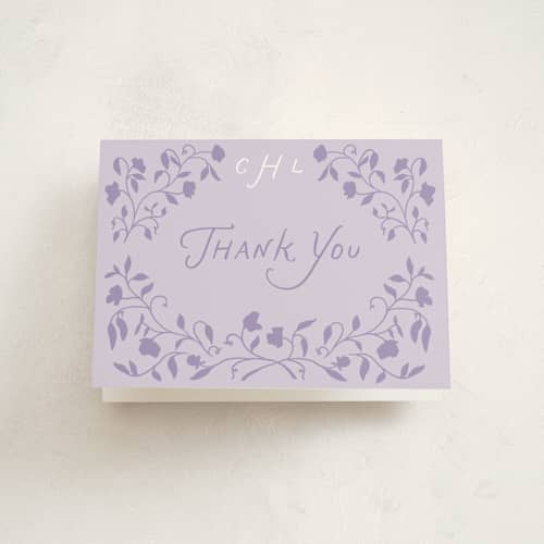 This is a lilac baby shower thank you cards with standard by Leah Bisch called sweet pea printing on strathmore in standard