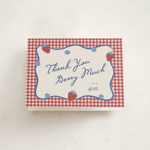 This is a barn baby shower thank you cards with standard by Kelly Watkins called so berry sweet printing on strathmore in standard