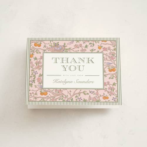 This is a petal baby shower thank you cards with standard by Jenna Holcomb called bird and bough printing on strathmore in standard
