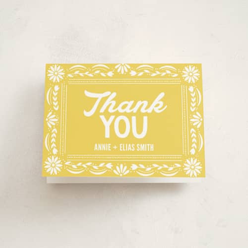 This is a marigold baby shower thank you cards with standard by Jessie Steury called pretty picado printing on strathmore in standard