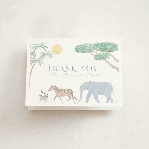 This is a sky blue baby shower thank you cards with standard by Sabrin Deirani called africa printing on strathmore in standard