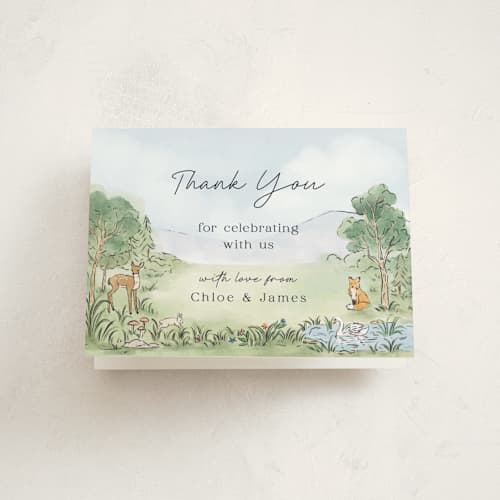 This is a forest baby shower thank you cards with standard by Elly called a woodland adventure printing on strathmore in standard