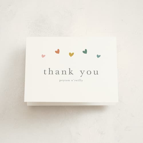 This is a hearts rainbow baby shower thank you cards with standard by Stacey Meacham called tiny hearts printing on strathmore in standard