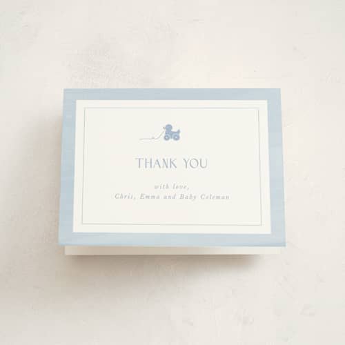 This is a sky baby shower thank you cards with standard by Melinda Denison called simply classic printing on strathmore in standard