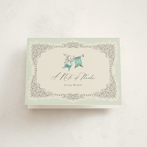 This is a seafoam baby shower thank you cards with standard by Jackie Crawford called little welcome printing on strathmore in standard