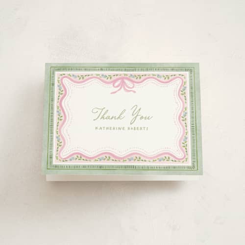 This is a garden glory baby shower thank you cards with standard by Creo Study called baby in bloom printing on strathmore in standard