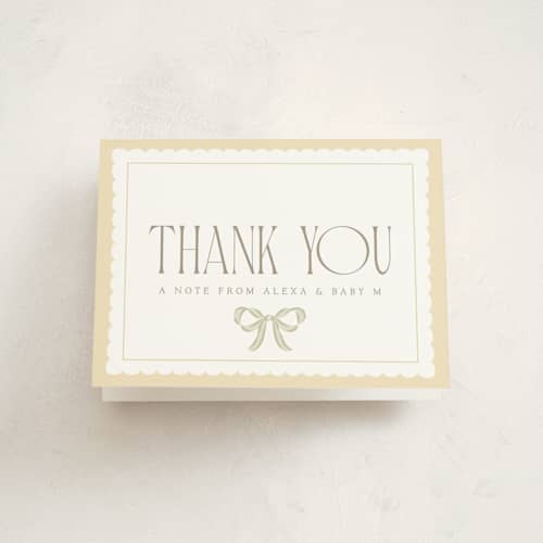 This is a lemon baby shower thank you cards with standard by Robert and Stella called ribbon toss printing on strathmore in standard