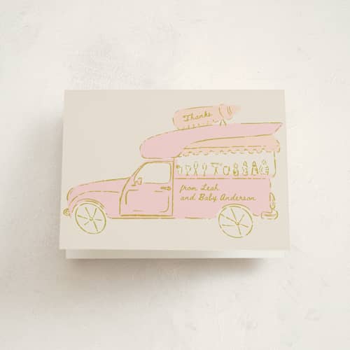 This is a blush baby shower thank you cards with standard by Gwen Bedat called milk truck printing on strathmore in standard