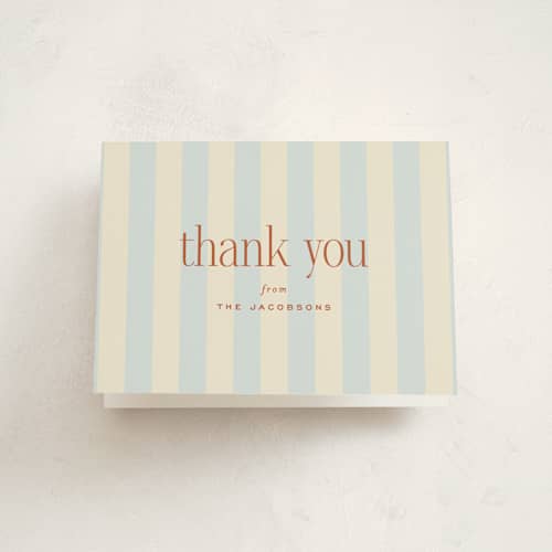 This is a powder blue baby shower thank you cards with standard by Ellen Schlegelmilch called we're having a party printing on strathmore in standard