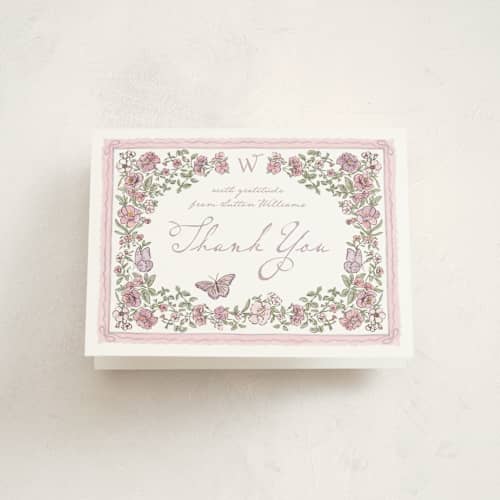 This is a heather baby shower thank you cards with standard by Jenna Holcomb called baby in bloom. printing on strathmore in standard