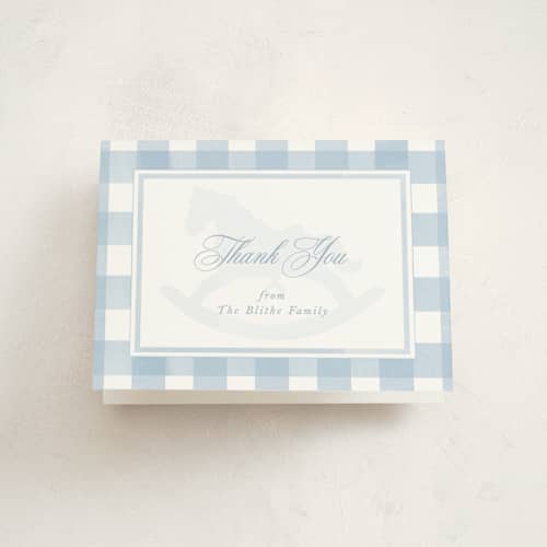 This is a sky baby shower thank you cards with standard by Melinda Denison called classic gingham printing on strathmore in standard