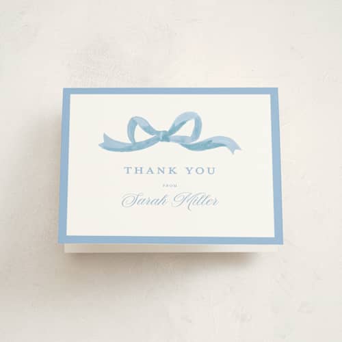 This is a sky baby shower thank you cards with standard by Teju Reval called painted bow printing on strathmore in standard