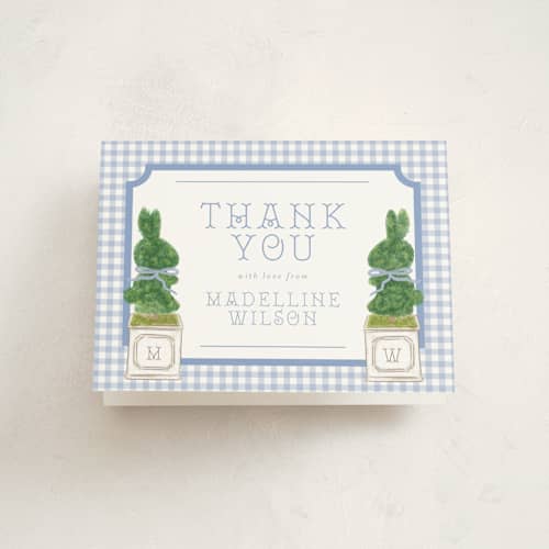 This is a periwinkle baby shower thank you cards with standard by Jenna Holcomb called topiary printing on strathmore in standard
