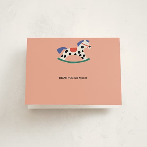 This is a peach baby shower thank you cards with standard by Harriet Richter called rocking baby shower printing on strathmore in standard