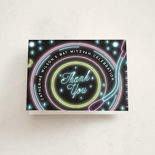 This is a midnight bar mitzvah bat mitzvah invitations with standard by Ana de Sousa called neon spin printing on strathmore in standard