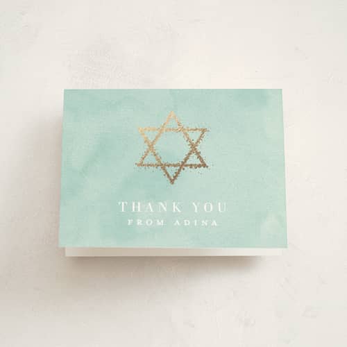 This is a aquamarine bar mitzvah bat mitzvah invitations with foil pressed by Julia Hall called graceful printing on strathmore in standard