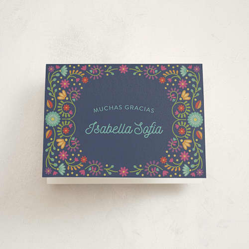 This is a navy kids thank you cards with standard by Laura Hankins called fiesta floral printing on strathmore in standard