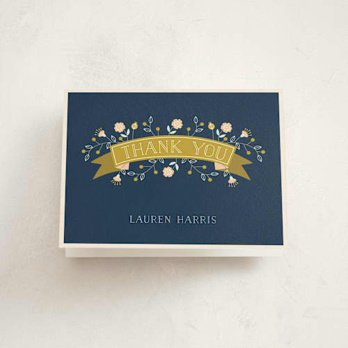 This is a midnight kids thank you cards with standard by Nam Bourassa called floral banner printing on strathmore in standard