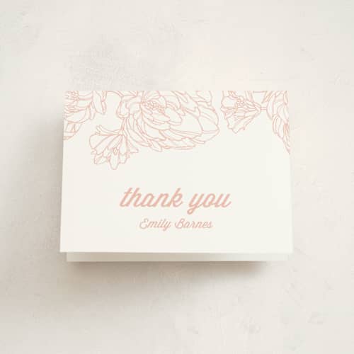 This is a peach kids thank you cards with standard by Paper Raven Co. called watercolor peonies printing on strathmore in standard